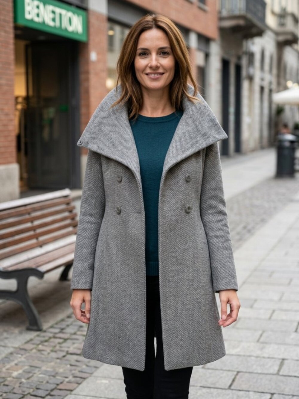 United Colors of Benetton Grey Herringbone Wool Coat Italian Size 40 US 4 Small - Picture 2 of 16